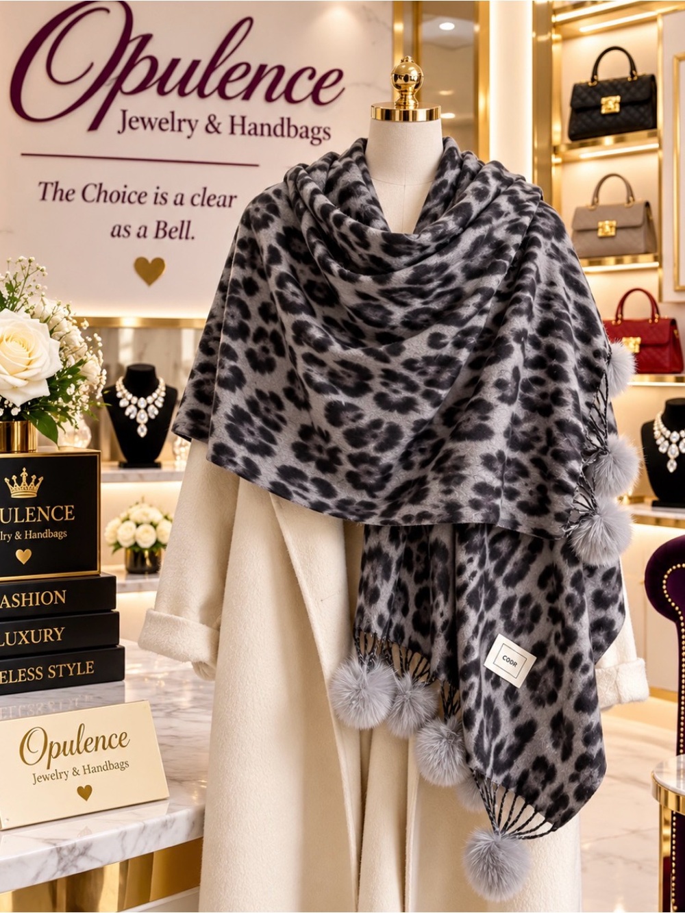 Leopard Print Grey Poncho Scarf with Pom Poms
